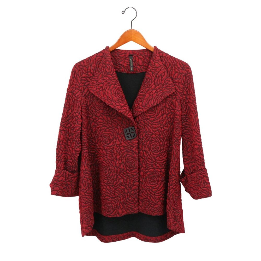IC Collection by Connie K Textured Roses Button Front 3/4 Sleeve Jacket M
